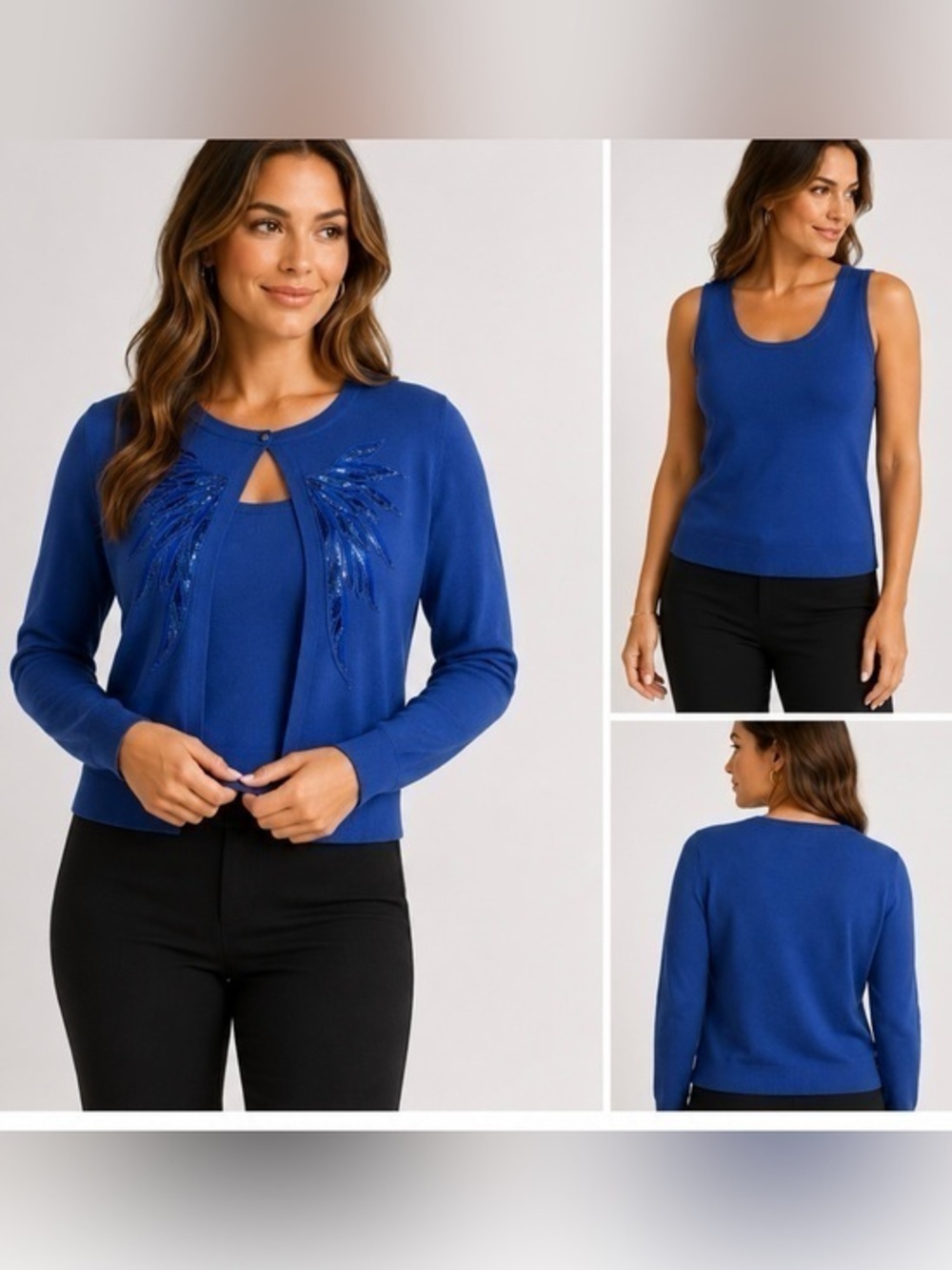 Bob Mackie Wearable Art Blue Sequin Embroidered 2 Piece Sweater Set Size L